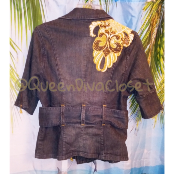 Dereon dark Rustic 3/4 sleeve crop belted denim jean trench jacket L - Picture 5 of 5